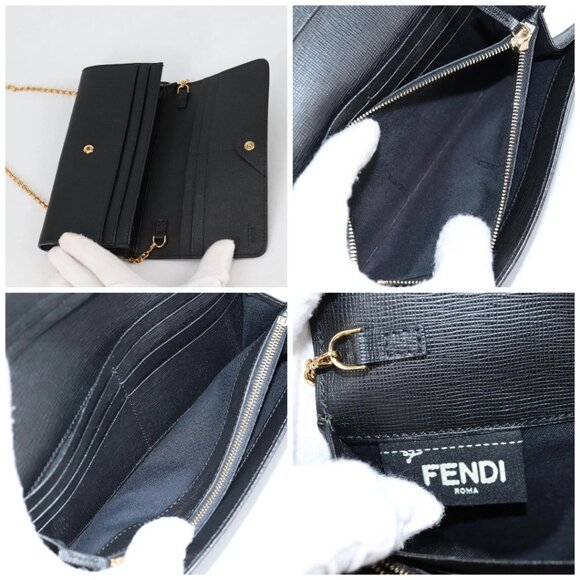 FENDI Chain Long Wallet Leather Black Gold Auth 140694M - Picture 16 of 16